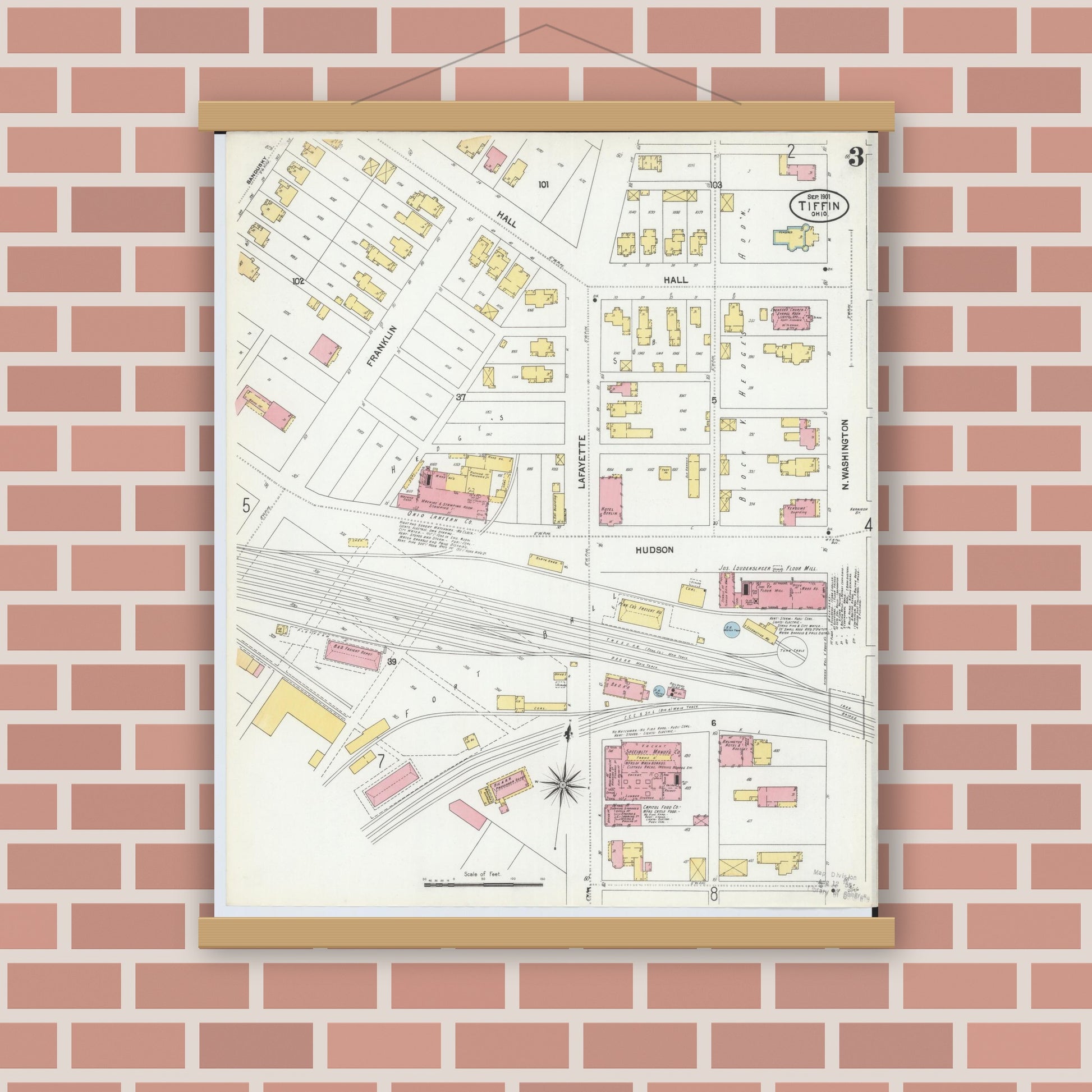 Old map wall art mockup — magnetic wood frame on brick wall — Sanborn Fire Insurance Map from Tiffin, Seneca County, Ohio (1901), Sheet #0003