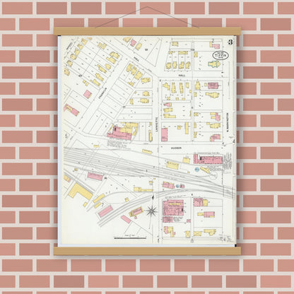 Old map wall art mockup — magnetic wood frame on brick wall — Sanborn Fire Insurance Map from Tiffin, Seneca County, Ohio (1901), Sheet #0003