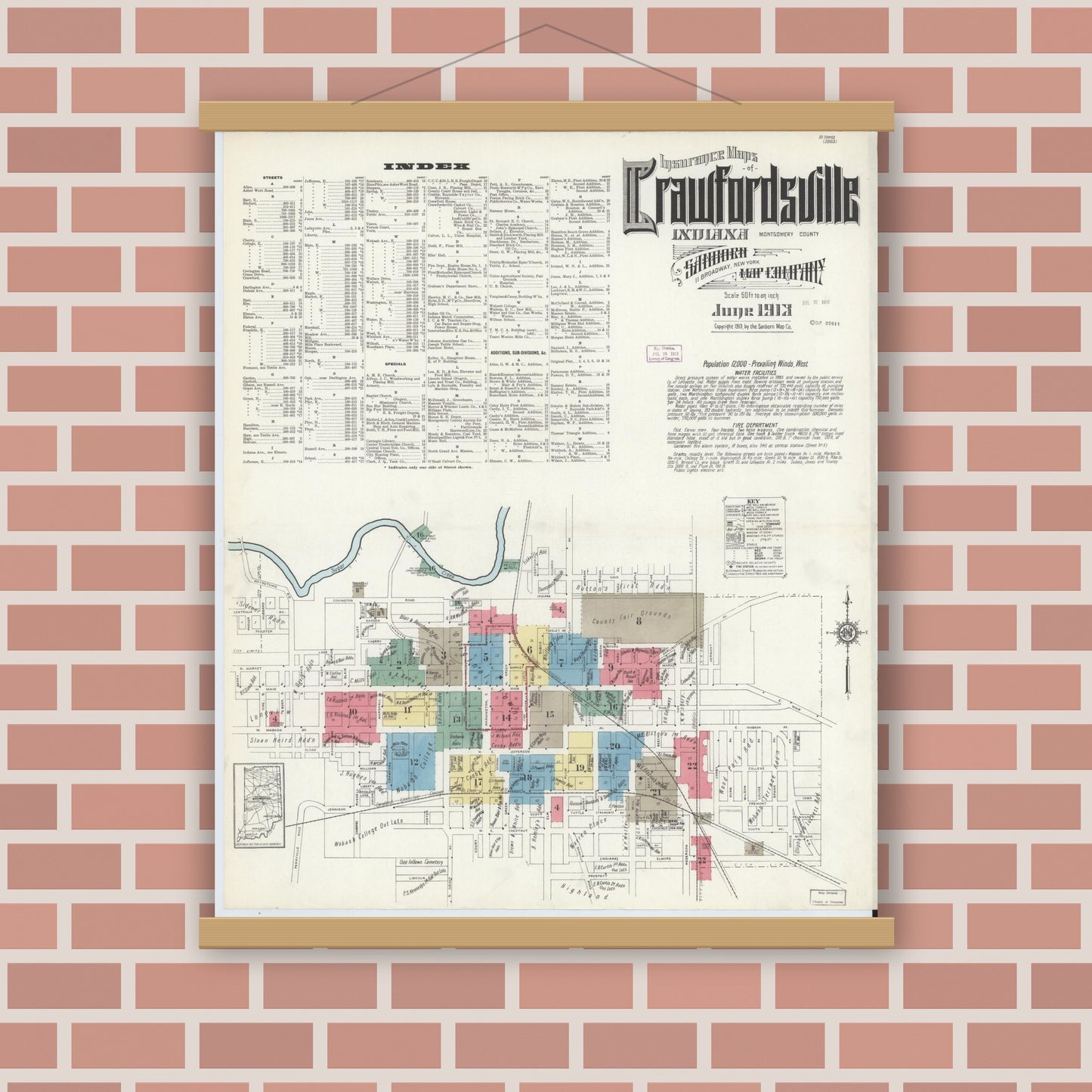 Old map wall art mockup — magnetic wood frame on brick wall — Sanborn Fire Insurance Map from Crawfordsville, Montgomery County, Indiana (1913) - Complete Map Set
