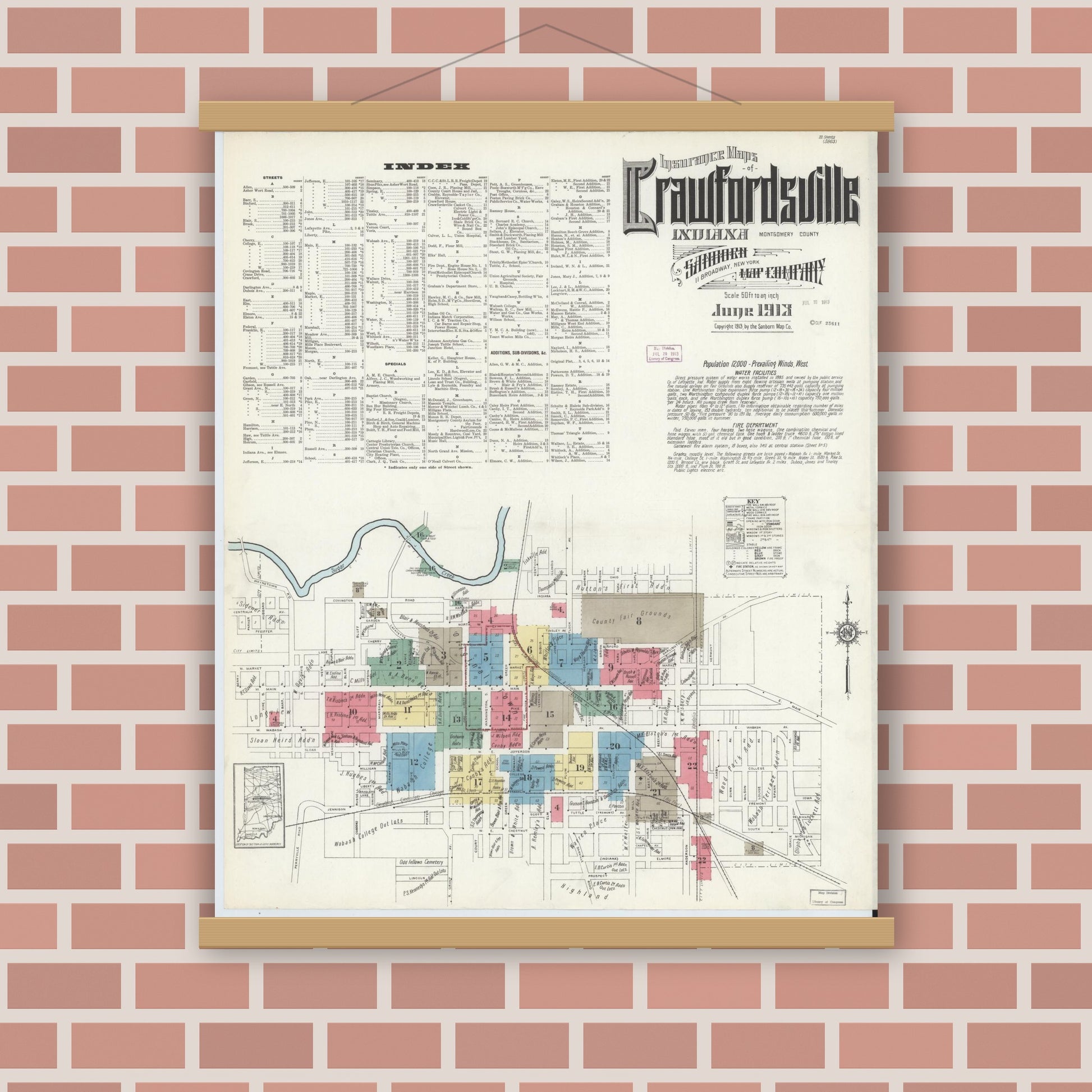 Old map wall art mockup — magnetic wood frame on brick wall — Sanborn Fire Insurance Map from Crawfordsville, Montgomery County, Indiana (1913) - Complete Map Set