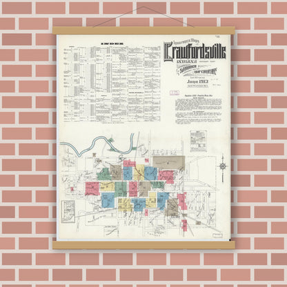 Old map wall art mockup — magnetic wood frame on brick wall — Sanborn Fire Insurance Map from Crawfordsville, Montgomery County, Indiana (1913) - Complete Map Set