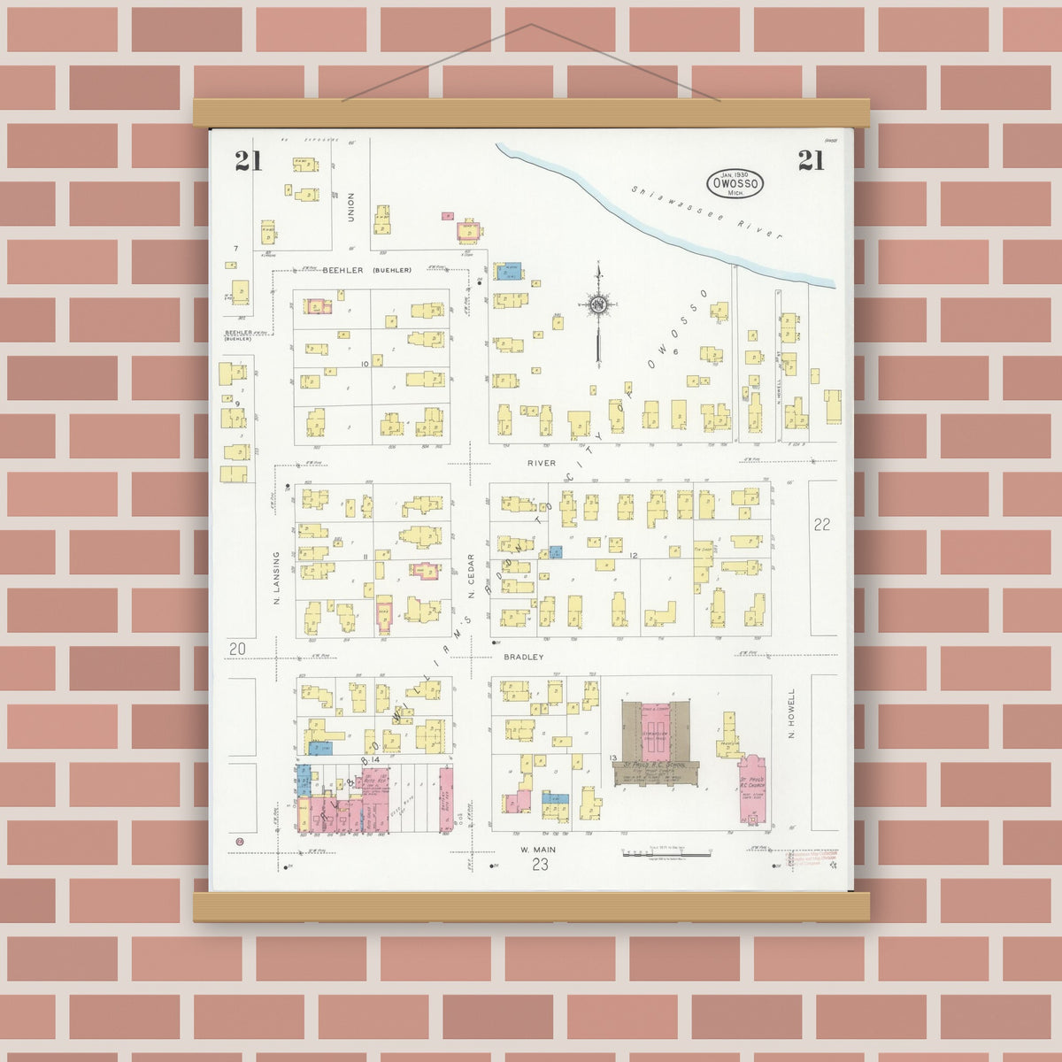 Old map wall art mockup — magnetic wood frame on brick wall — Sanborn Fire Insurance Map from Owosso, Shiawassee County, Michigan (1930), Sheet #0021