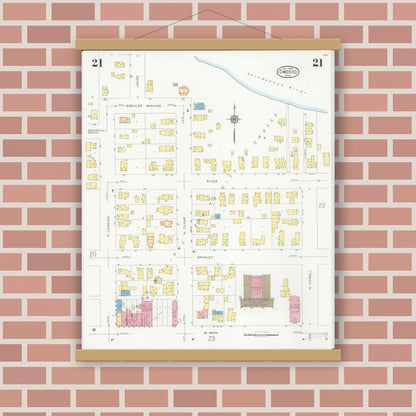 Old map wall art mockup — magnetic wood frame on brick wall — Sanborn Fire Insurance Map from Owosso, Shiawassee County, Michigan (1930), Sheet #0021