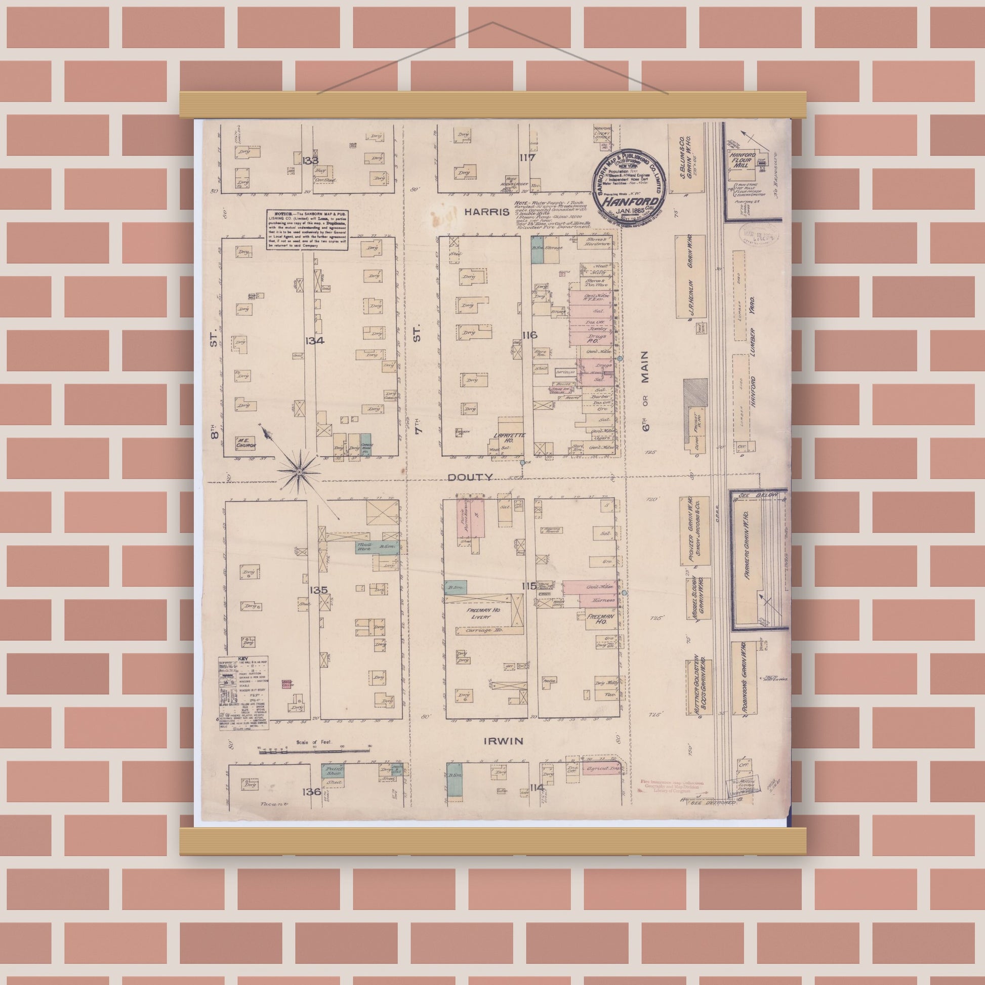 Old map wall art mockup — magnetic wood frame on brick wall — Sanborn Fire Insurance Map from Hanford, Kings County, California (1885), Sheet #0001