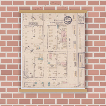 Old map wall art mockup — magnetic wood frame on brick wall — Sanborn Fire Insurance Map from Hanford, Kings County, California (1885), Sheet #0001