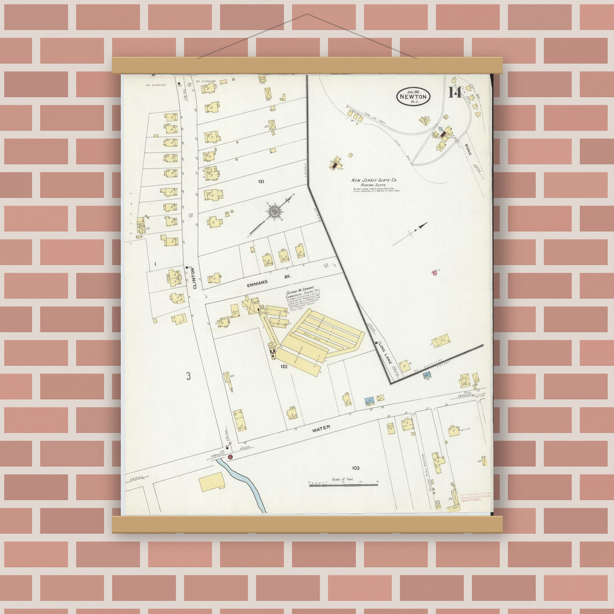 Old map wall art mockup — magnetic wood frame on brick wall — Sanborn Fire Insurance Map from Newton, Sussex County, New Jersey (1911), Sheet #0014