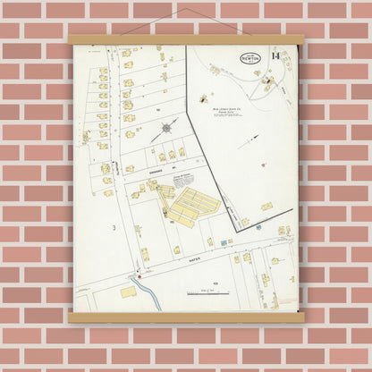 Old map wall art mockup — magnetic wood frame on brick wall — Sanborn Fire Insurance Map from Newton, Sussex County, New Jersey (1911), Sheet #0014