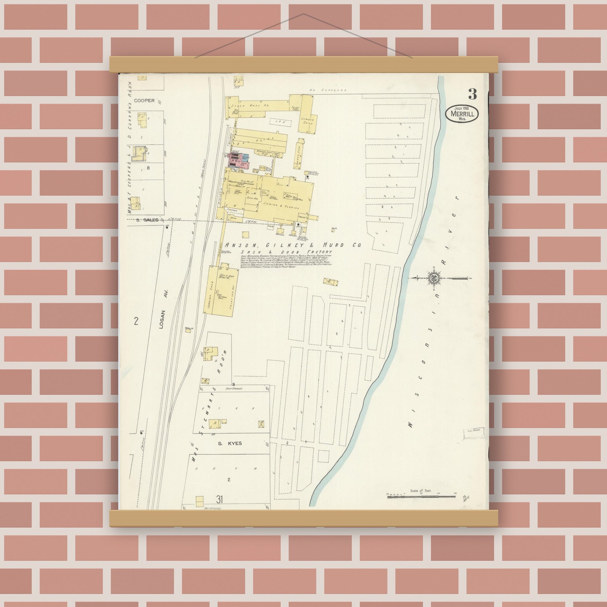 Old map wall art mockup — magnetic wood frame on brick wall — Sanborn Fire Insurance Map from Merrill, Lincoln County, Wisconsin (1913), Sheet #0003