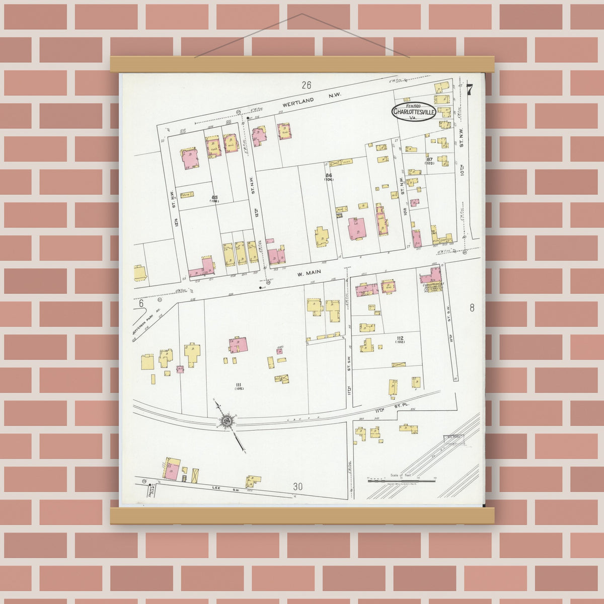 Old map wall art mockup — magnetic wood frame on brick wall — Sanborn Fire Insurance Map from Charlottesville, Independent Cities, Virginia (1920), Sheet #0007