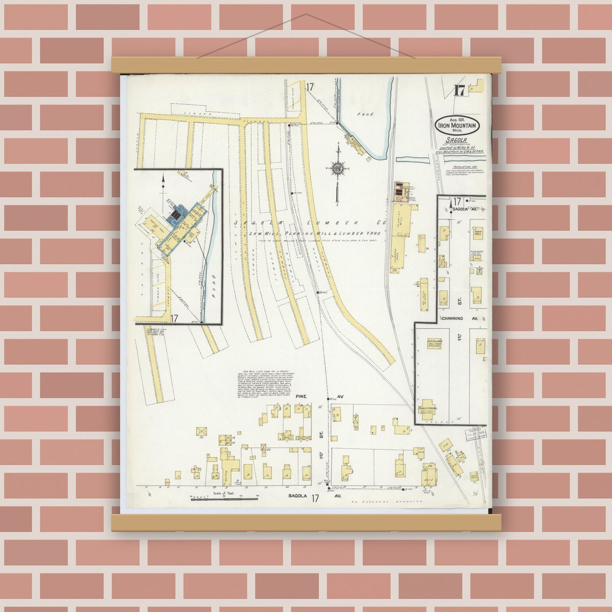 Old map wall art mockup — magnetic wood frame on brick wall — Sanborn Fire Insurance Map from Iron Mountain, Dickinson County, Michigan (1911), Sheet #0017