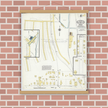 Old map wall art mockup — magnetic wood frame on brick wall — Sanborn Fire Insurance Map from Iron Mountain, Dickinson County, Michigan (1911), Sheet #0017