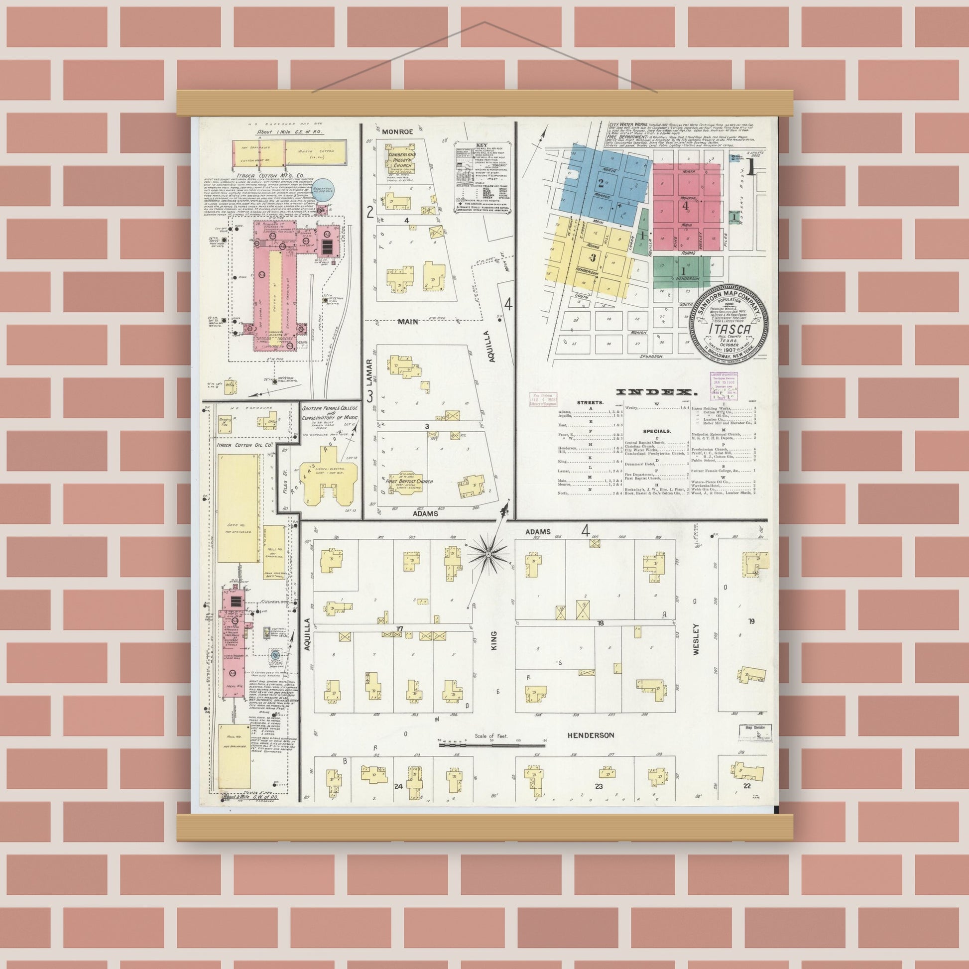 Old map wall art mockup — magnetic wood frame on brick wall — Sanborn Fire Insurance Map from Itasca, Hill County, Texas (1907), Sheet #0001
