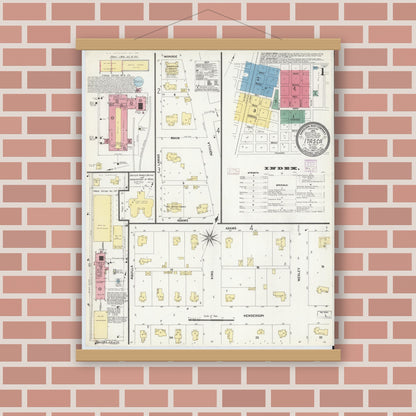 Old map wall art mockup — magnetic wood frame on brick wall — Sanborn Fire Insurance Map from Itasca, Hill County, Texas (1907), Sheet #0001