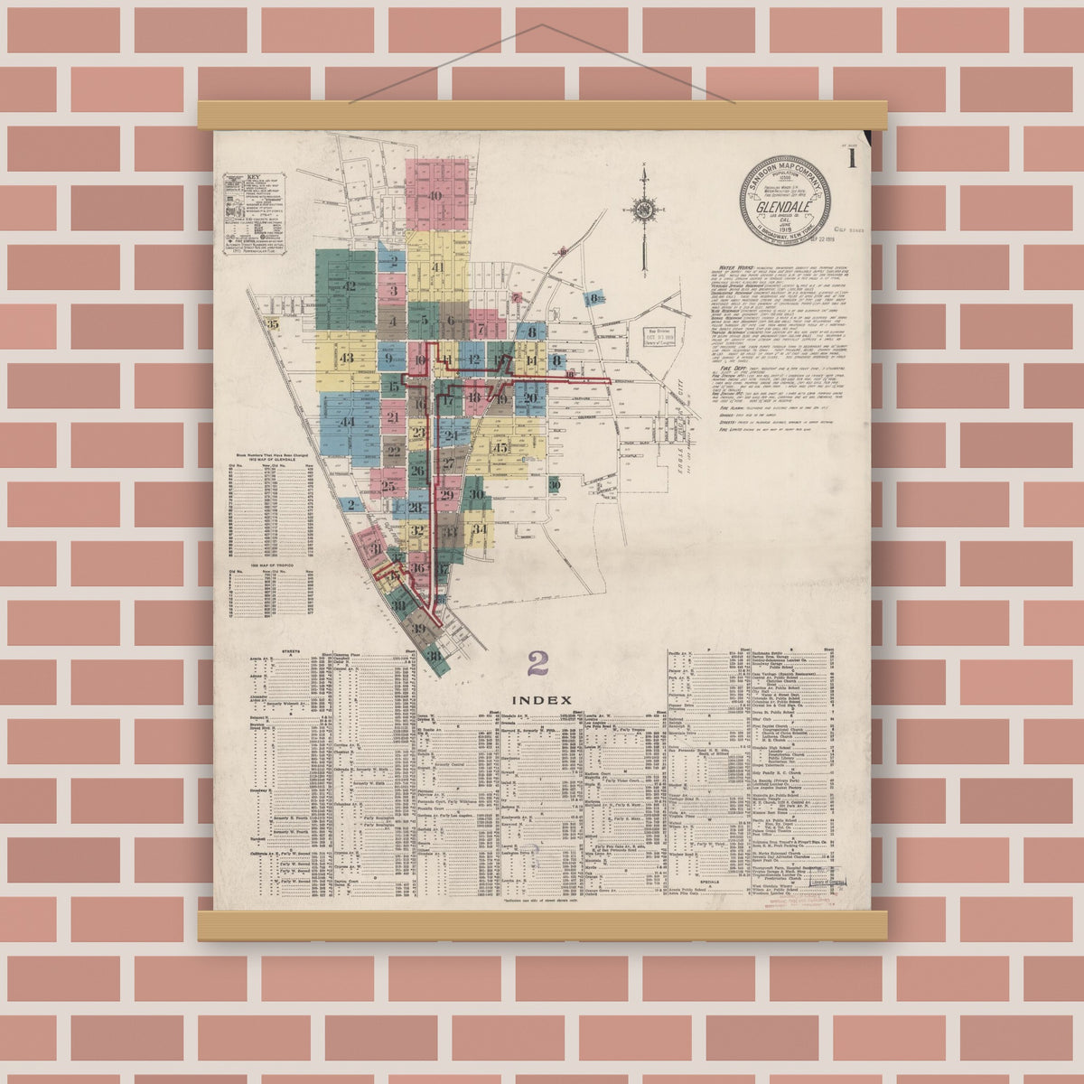Old map wall art mockup — magnetic wood frame on brick wall — Sanborn Fire Insurance Map from Glendale, Los Angeles County, California (1919) - Complete Map Set