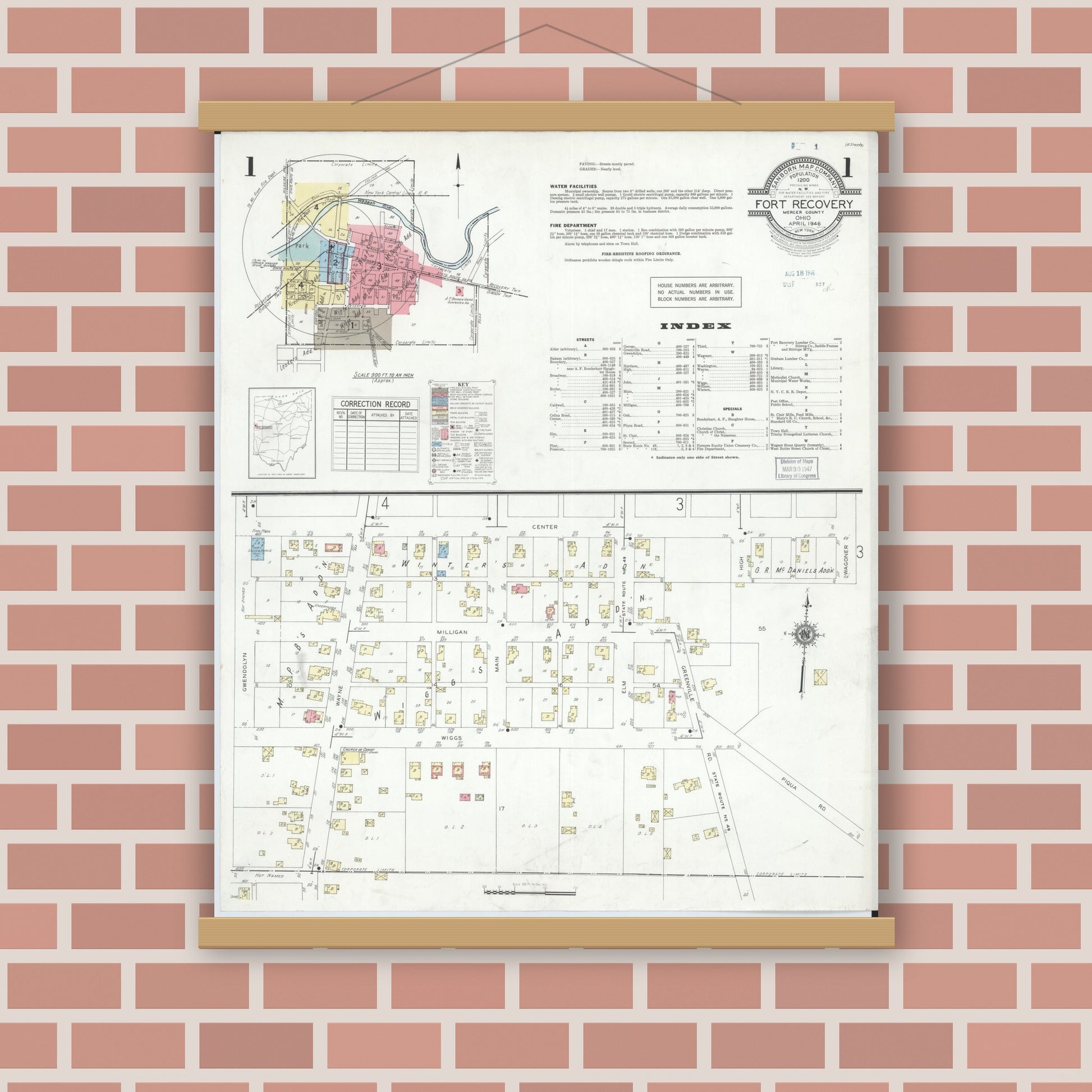 Old map wall art mockup — magnetic wood frame on brick wall — Sanborn Fire Insurance Map from Fort Recovery, Mercer County, Ohio (1946), Sheet #0001