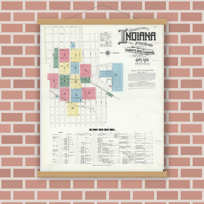 Old map wall art mockup — magnetic wood frame on brick wall — Sanborn Fire Insurance Map from Indiana, Indiana County, Pennsylvania (1910) - Complete Map Set