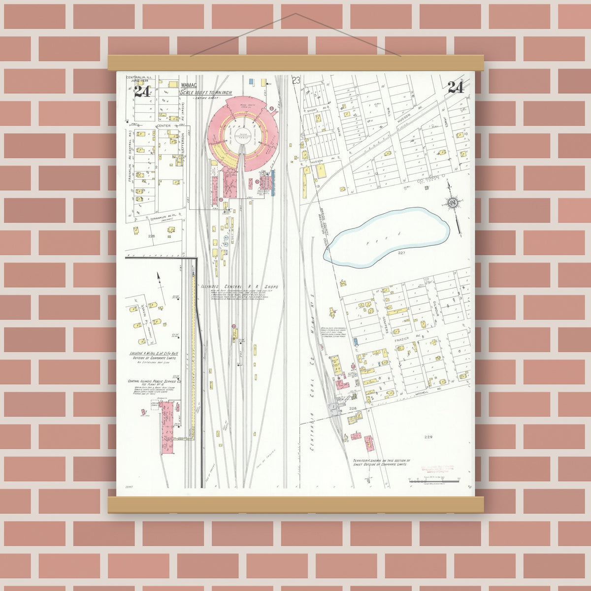 Old map wall art mockup — magnetic wood frame on brick wall — Sanborn Fire Insurance Map from Centralia, Marion, Clinton, Jefferson, and Washington Counties, Illinois (1938), Sheet #0024