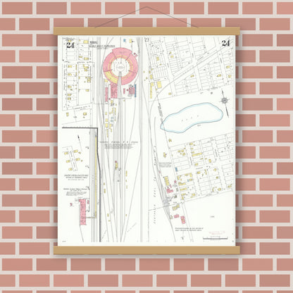 Old map wall art mockup — magnetic wood frame on brick wall — Sanborn Fire Insurance Map from Centralia, Marion, Clinton, Jefferson, and Washington Counties, Illinois (1938), Sheet #0024