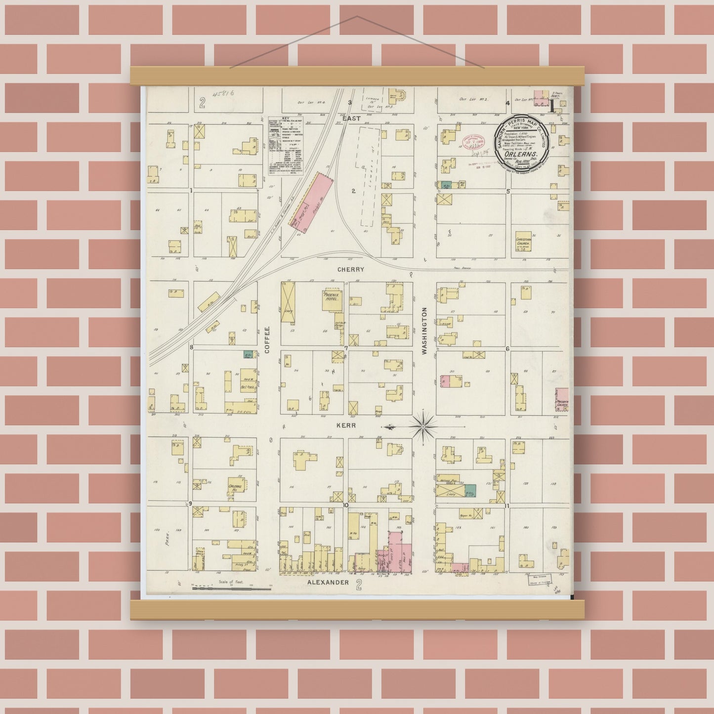 Old map wall art mockup — magnetic wood frame on brick wall — Sanborn Fire Insurance Map from Orleans, Orange County, Indiana (1895) - Complete Map Set