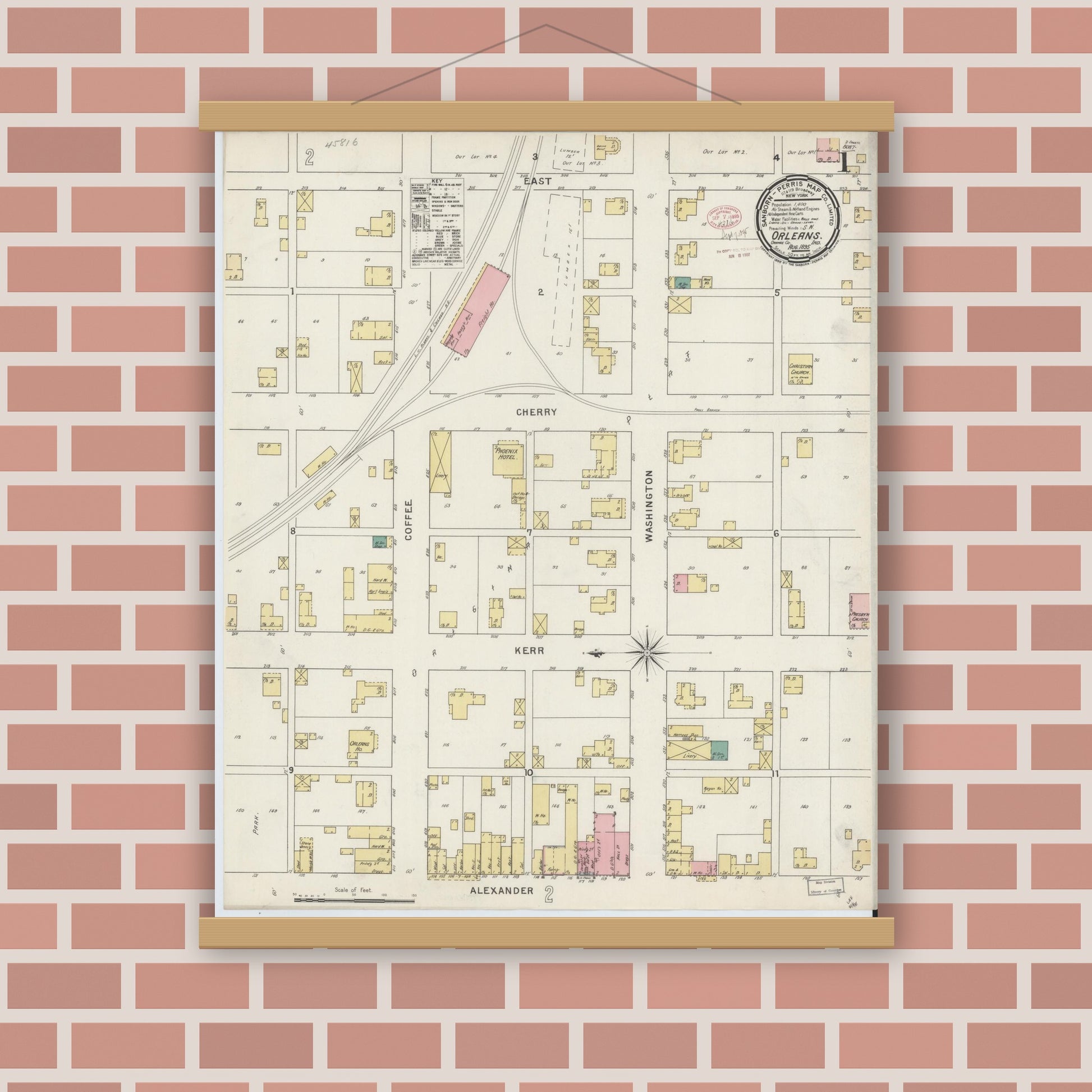 Old map wall art mockup — magnetic wood frame on brick wall — Sanborn Fire Insurance Map from Orleans, Orange County, Indiana (1895) - Complete Map Set