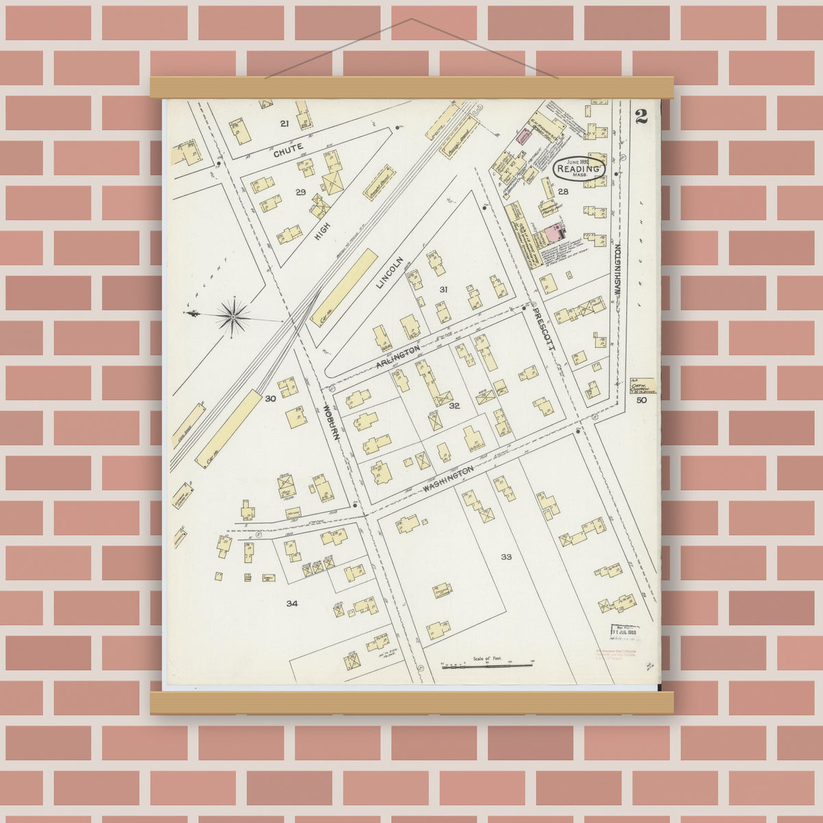 Old map wall art mockup — magnetic wood frame on brick wall — Sanborn Fire Insurance Map from Reading, Middlesex County, Massachusetts (1892), Sheet #0002
