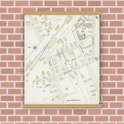 Old map wall art mockup — magnetic wood frame on brick wall — Sanborn Fire Insurance Map from Reading, Middlesex County, Massachusetts (1892), Sheet #0002