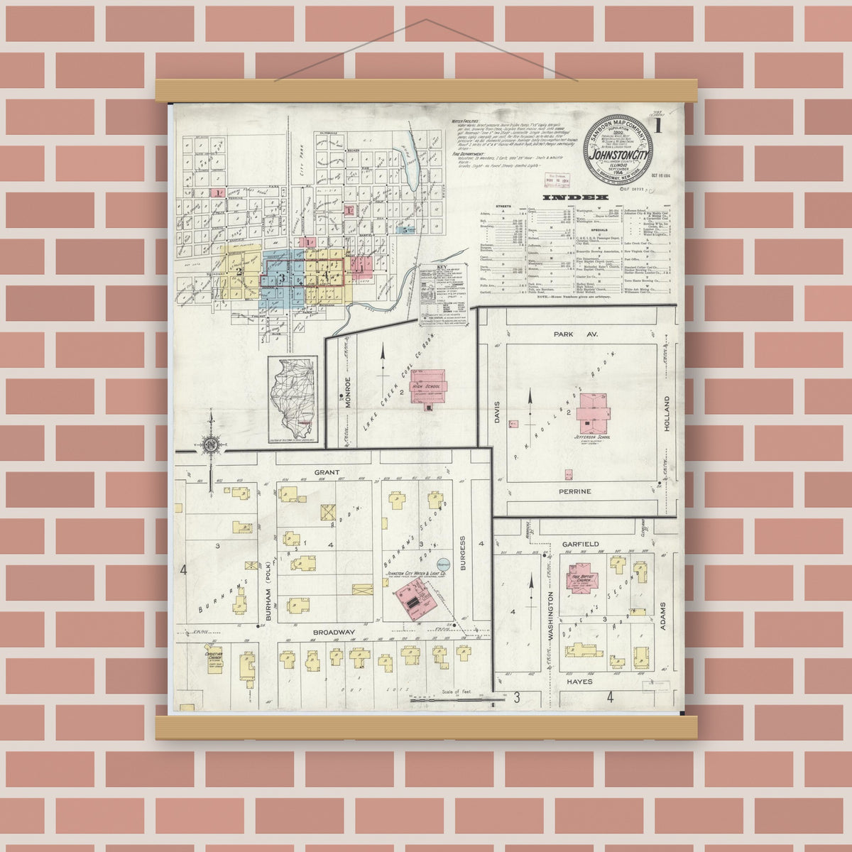 Old map wall art mockup — magnetic wood frame on brick wall — Sanborn Fire Insurance Map from Johnston City, Williamson County, Illinois (1914) - Complete Map Set