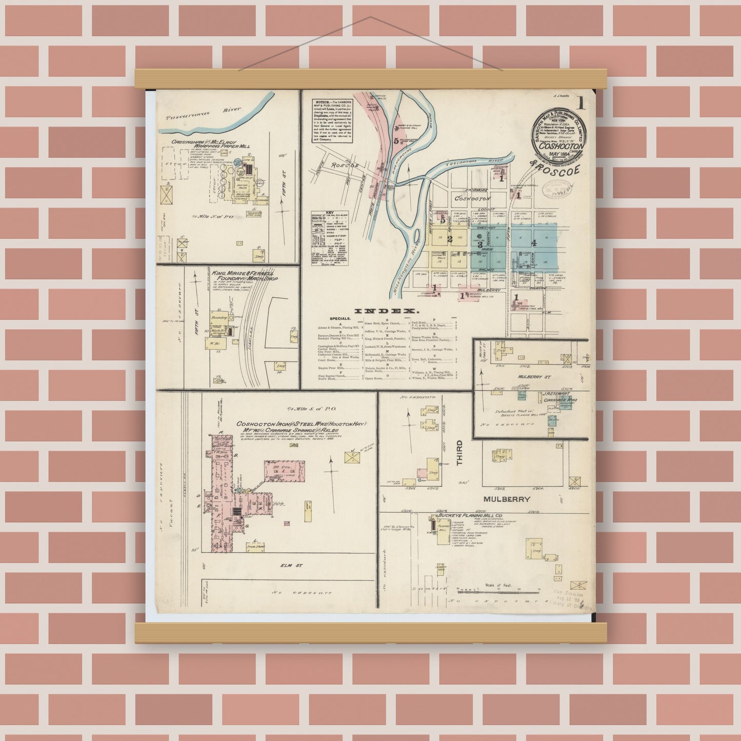 Old map wall art mockup — magnetic wood frame on brick wall — Sanborn Fire Insurance Map from Coshocton, Coshocton County, Ohio (1884) - Complete Map Set