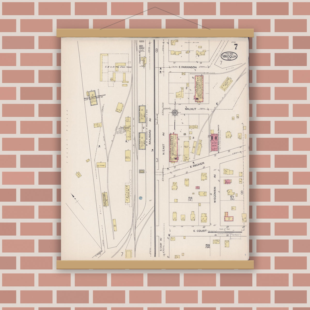 Old map wall art mockup — magnetic wood frame on brick wall — Sanborn Fire Insurance Map from Viroqua, Vernon County, Wisconsin (1922), Sheet #0007