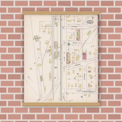 Old map wall art mockup — magnetic wood frame on brick wall — Sanborn Fire Insurance Map from Viroqua, Vernon County, Wisconsin (1922), Sheet #0007