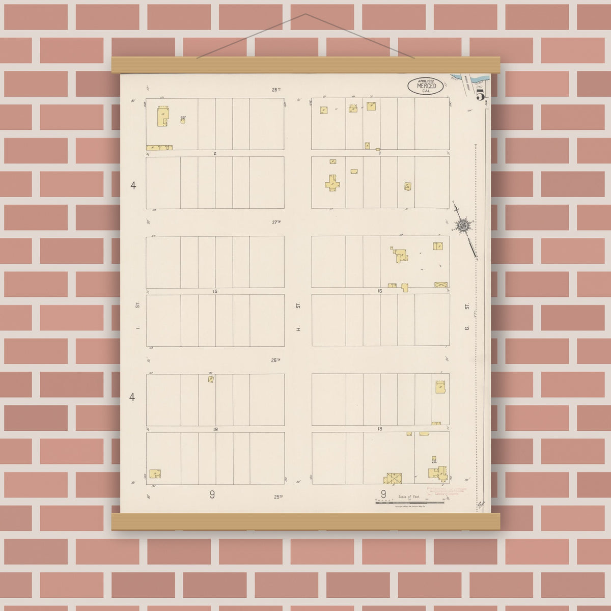 Old map wall art mockup — magnetic wood frame on brick wall — Sanborn Fire Insurance Map from Merced, Merced County, California (1922), Sheet #0005