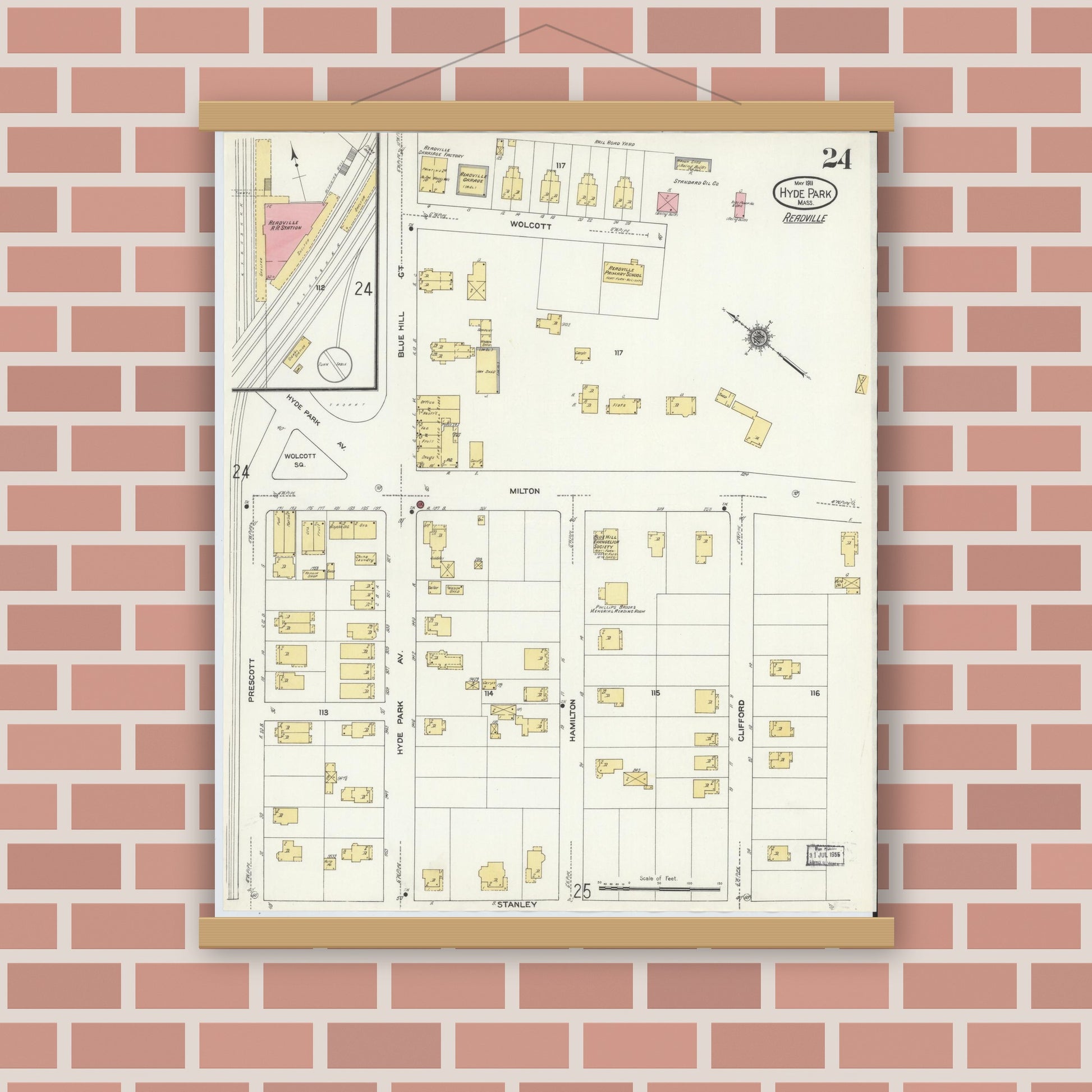 Old map wall art mockup — magnetic wood frame on brick wall — Sanborn Fire Insurance Map from Hyde Park, Norfolk County, Massachusetts (1911), Sheet #0024