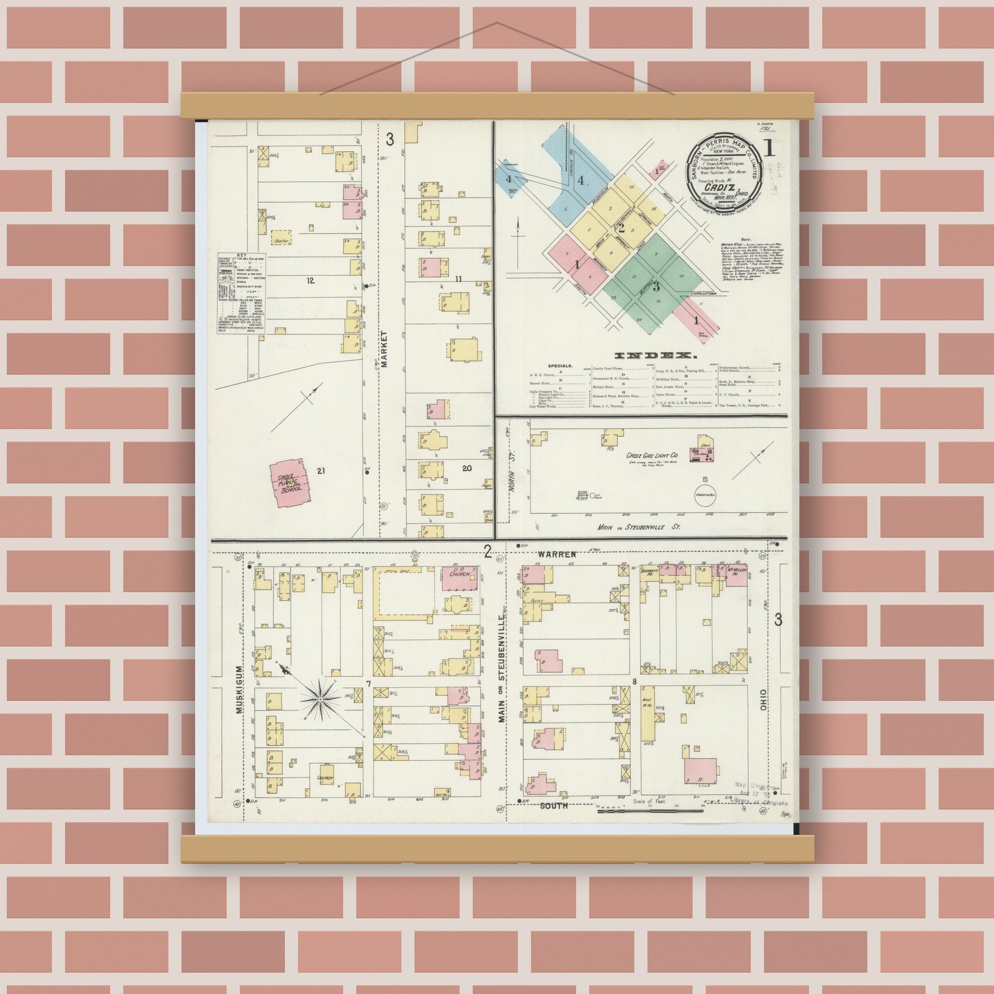 Old map wall art mockup — magnetic wood frame on brick wall — Sanborn Fire Insurance Map from Cadiz, Harrison County, Ohio (1897), Sheet #0001