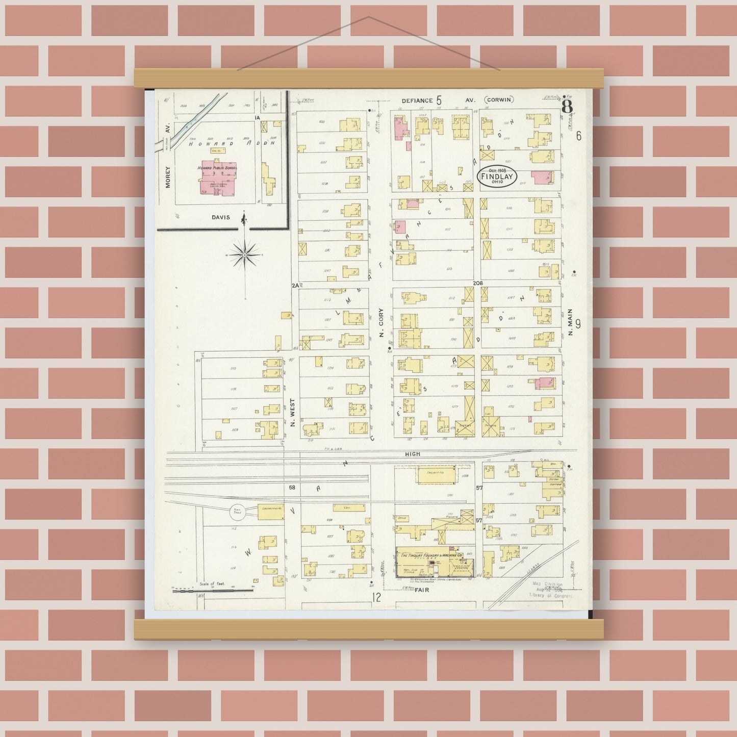 Old map wall art mockup — magnetic wood frame on brick wall — Sanborn Fire Insurance Map from Findlay, Hancock County, Ohio (1908), Sheet #0008