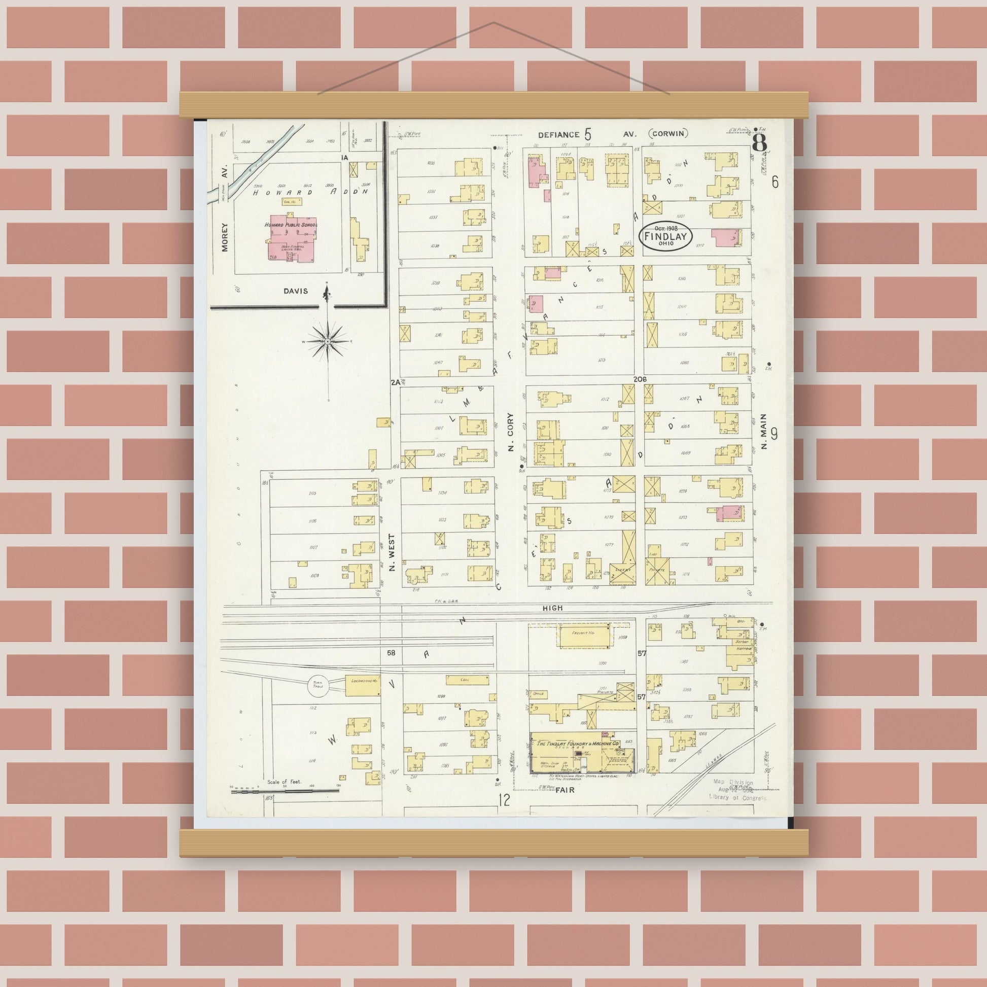 Old map wall art mockup — magnetic wood frame on brick wall — Sanborn Fire Insurance Map from Findlay, Hancock County, Ohio (1908), Sheet #0008