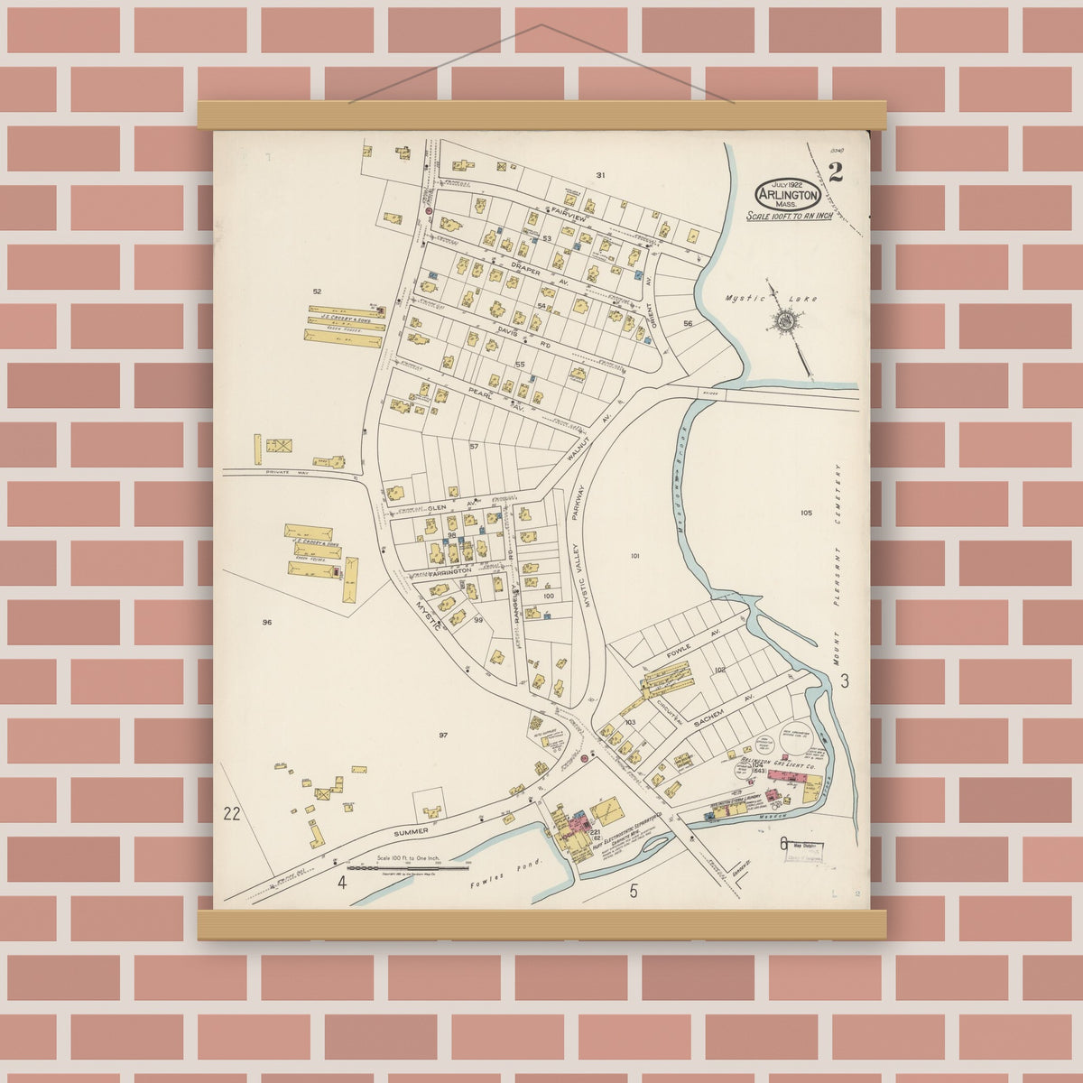 Old map wall art mockup — magnetic wood frame on brick wall — Sanborn Fire Insurance Map from Arlington, Middlesex County, Massachusetts (1922), Sheet #0002
