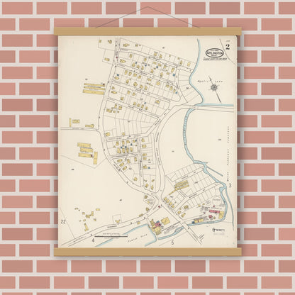 Old map wall art mockup — magnetic wood frame on brick wall — Sanborn Fire Insurance Map from Arlington, Middlesex County, Massachusetts (1922), Sheet #0002