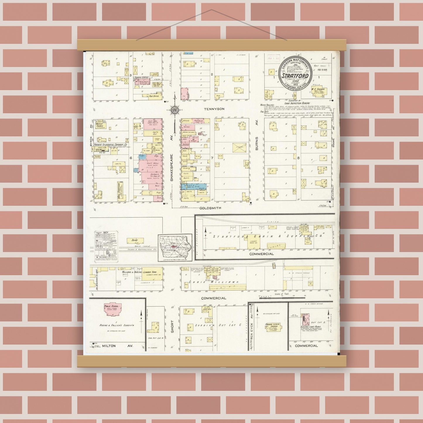 Old map wall art mockup — magnetic wood frame on brick wall — Sanborn Fire Insurance Map from Stratford, Hamilton County, Iowa (1915), Sheet #0001