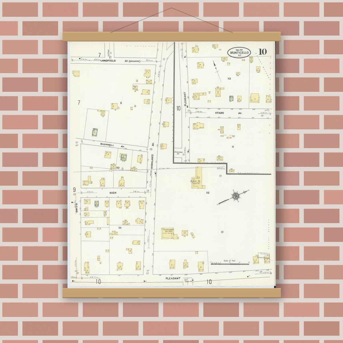 Old map wall art mockup — magnetic wood frame on brick wall — Sanborn Fire Insurance Map from Monticello, Sullivan County, New York (1911), Sheet #0010