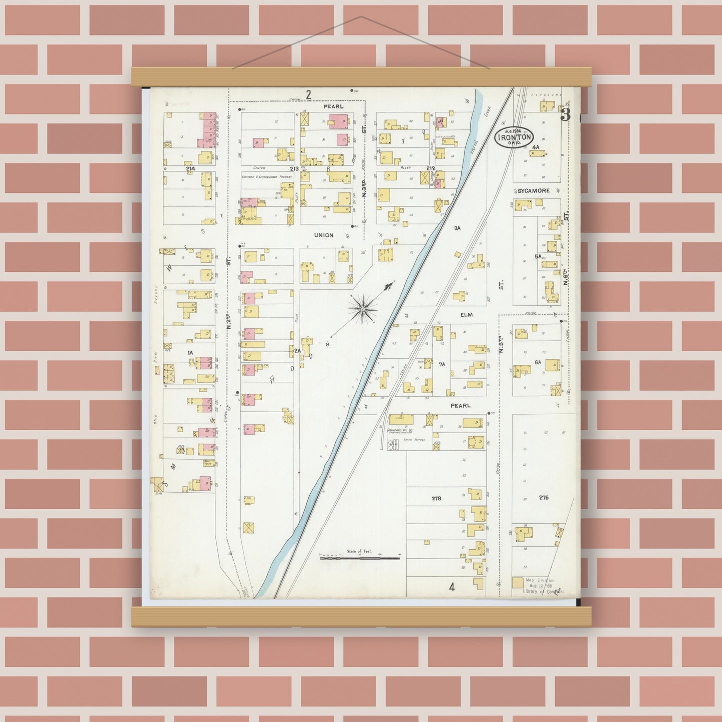 Old map wall art mockup — magnetic wood frame on brick wall — Sanborn Fire Insurance Map from Ironton, Lawrence County, Ohio (1904), Sheet #0003