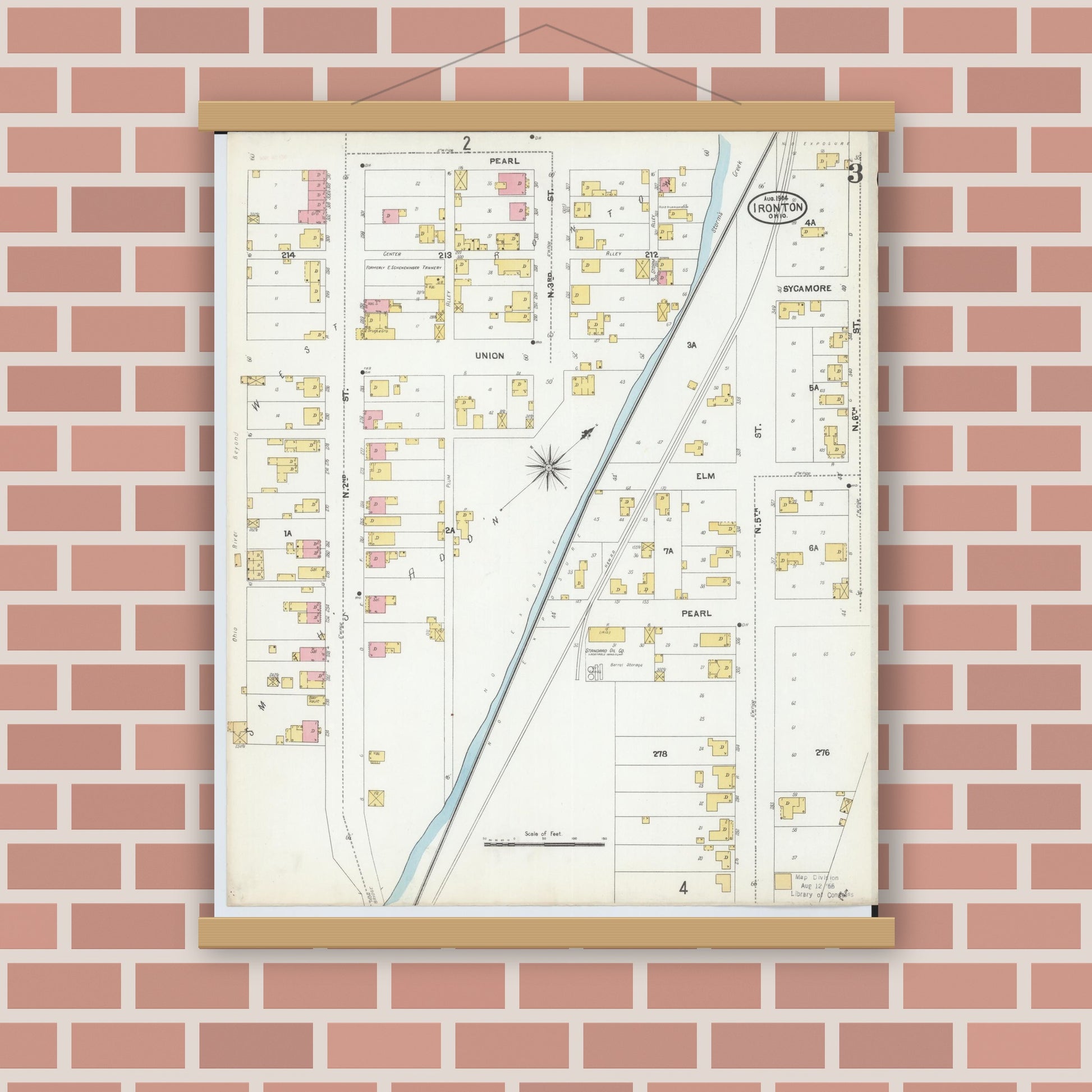 Old map wall art mockup — magnetic wood frame on brick wall — Sanborn Fire Insurance Map from Ironton, Lawrence County, Ohio (1904), Sheet #0003