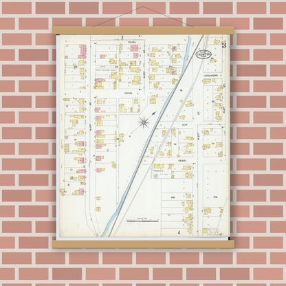 Old map wall art mockup — magnetic wood frame on brick wall — Sanborn Fire Insurance Map from Ironton, Lawrence County, Ohio (1904), Sheet #0003