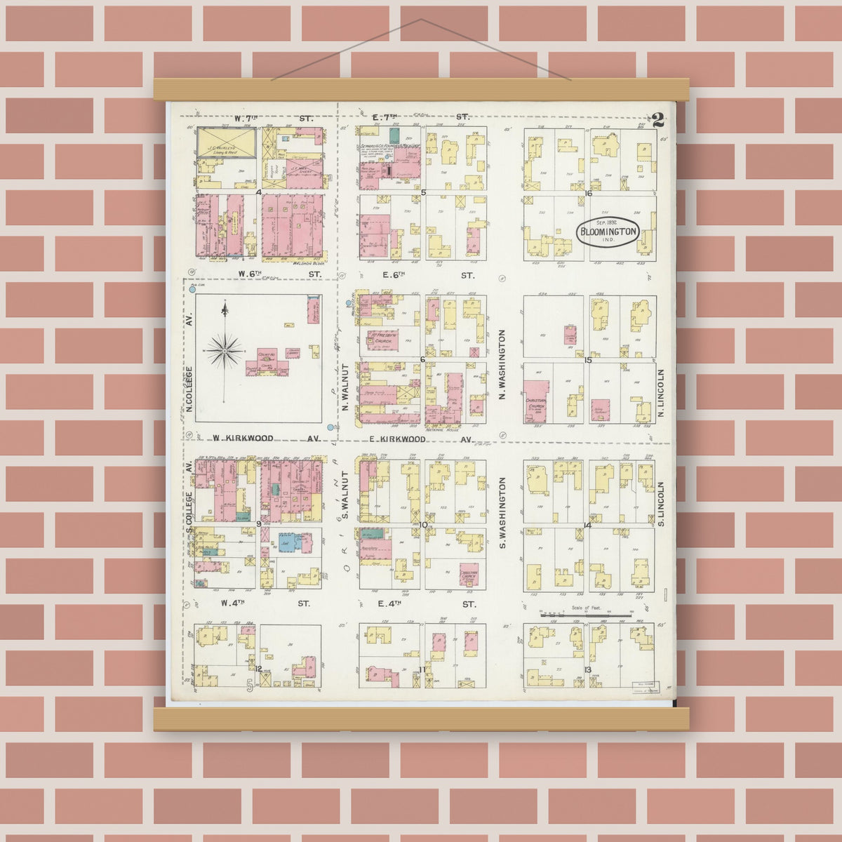 Old map wall art mockup — magnetic wood frame on brick wall — Sanborn Fire Insurance Map from Bloomington, Monroe County, Indiana (1892), Sheet #0002