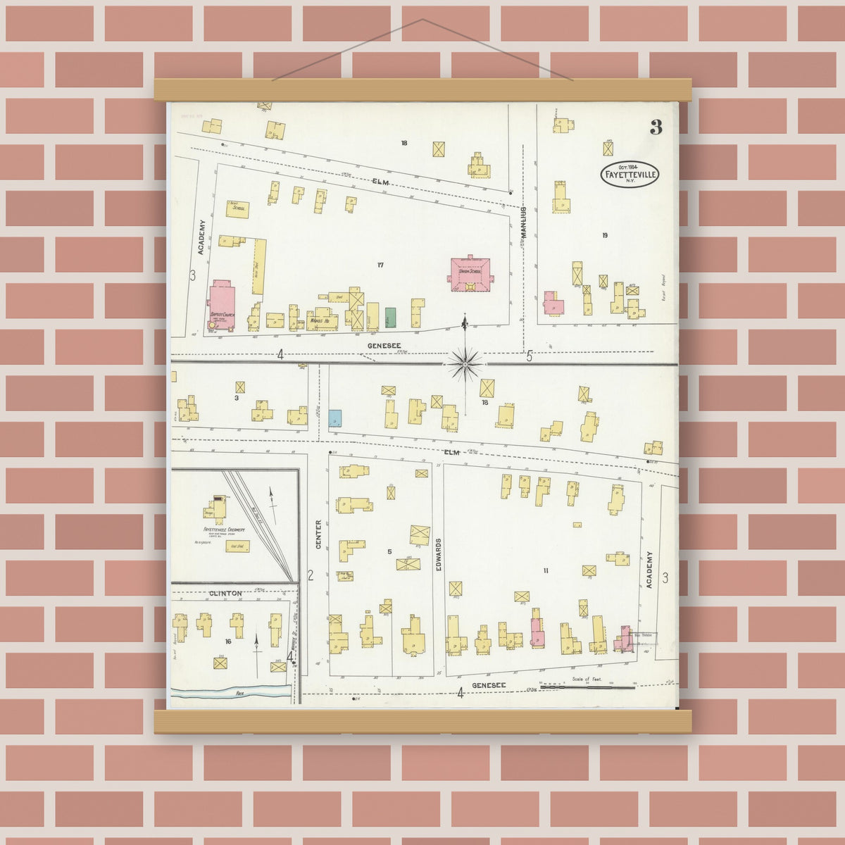 Old map wall art mockup — magnetic wood frame on brick wall — Sanborn Fire Insurance Map from Fayetteville, Onondaga County, New York (1904), Sheet #0003