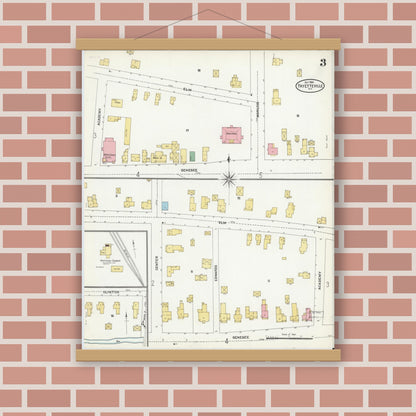 Old map wall art mockup — magnetic wood frame on brick wall — Sanborn Fire Insurance Map from Fayetteville, Onondaga County, New York (1904), Sheet #0003