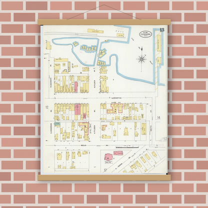 Old map wall art mockup — magnetic wood frame on brick wall — Sanborn Fire Insurance Map from Escanaba, Delta County, Michigan (1906), Sheet #0013