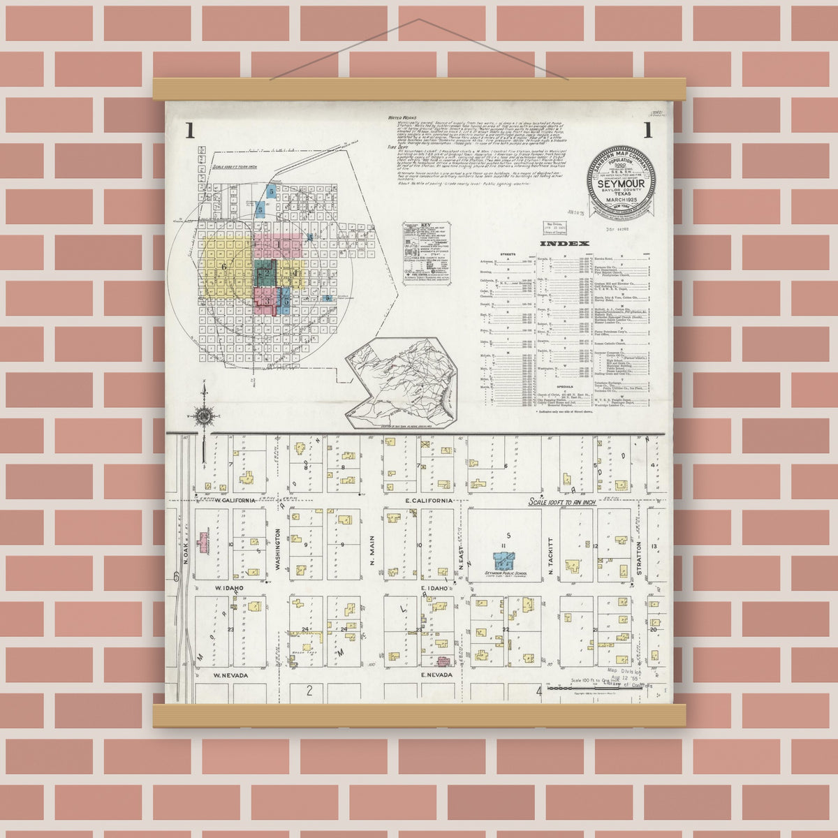 Old map wall art mockup — magnetic wood frame on brick wall — Sanborn Fire Insurance Map from Seymour, Baylor County, Texas (1925), Sheet #0001