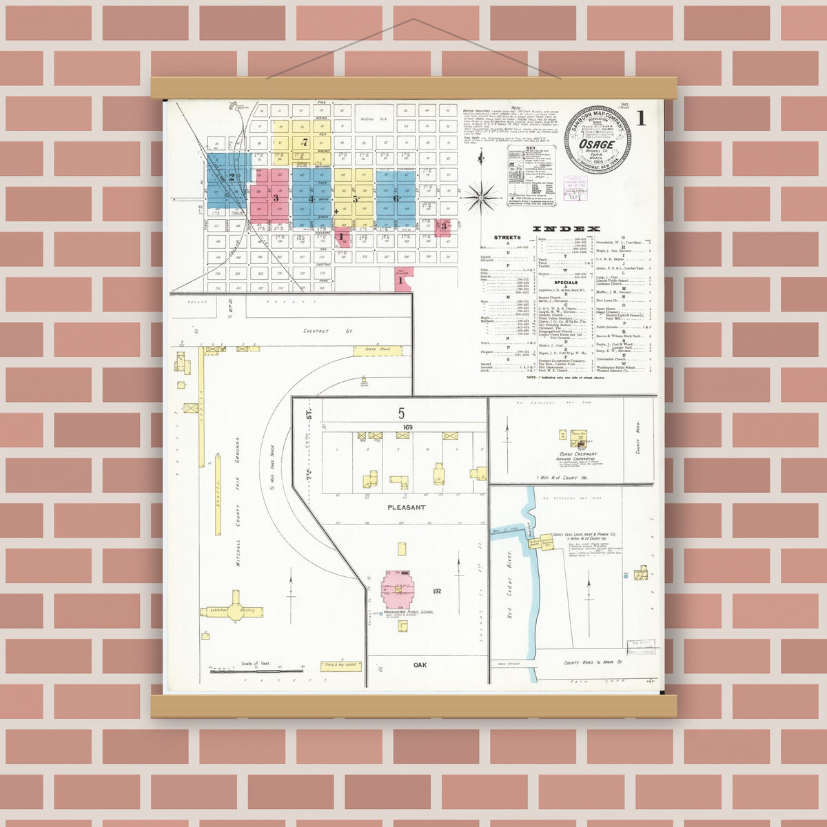 Old map wall art mockup — magnetic wood frame on brick wall — Sanborn Fire Insurance Map from Osage, Mitchell County, Iowa (1905), Sheet #0001