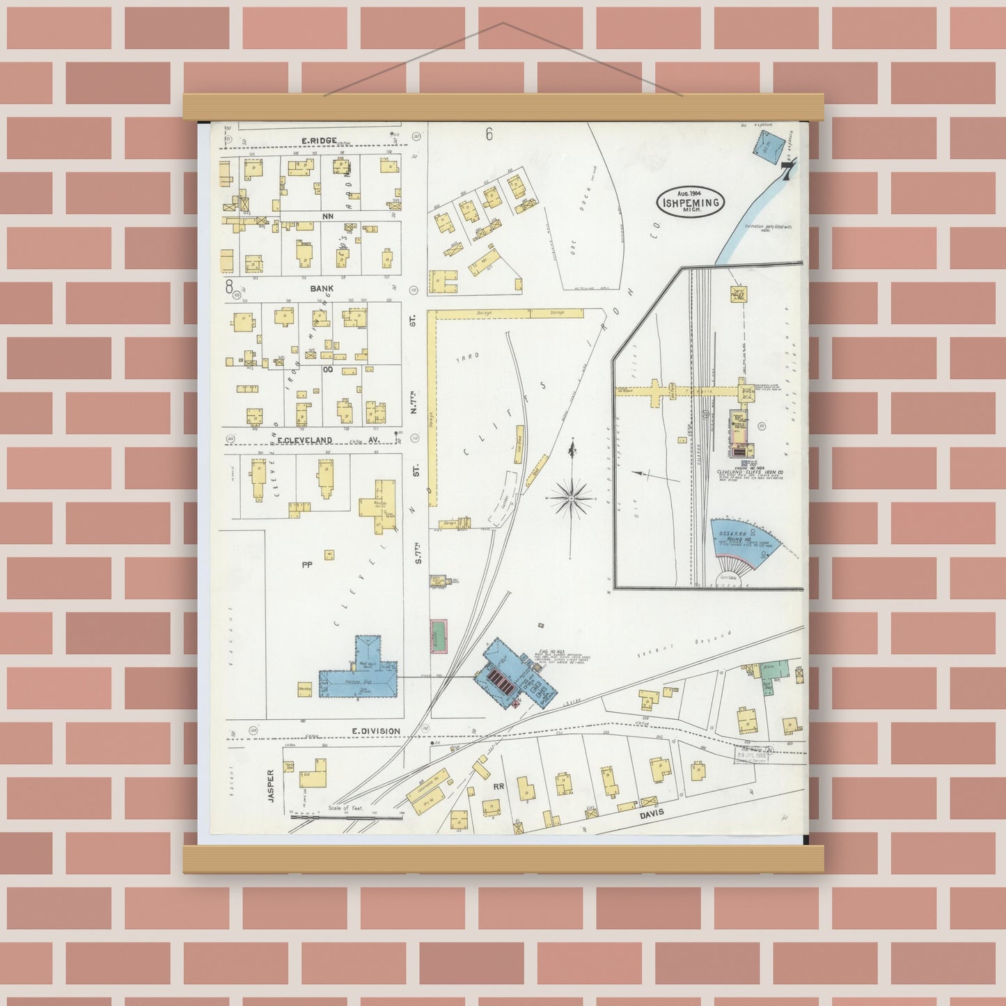 Old map wall art mockup — magnetic wood frame on brick wall — Sanborn Fire Insurance Map from Ishpeming, Marquette County, Michigan (1904), Sheet #0007