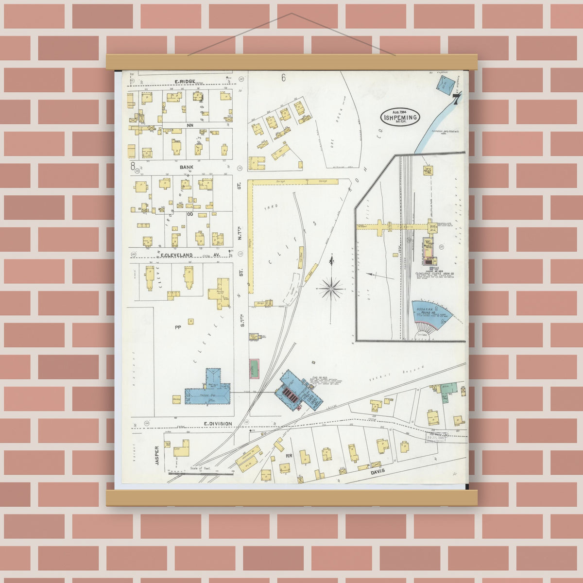 Old map wall art mockup — magnetic wood frame on brick wall — Sanborn Fire Insurance Map from Ishpeming, Marquette County, Michigan (1904), Sheet #0007